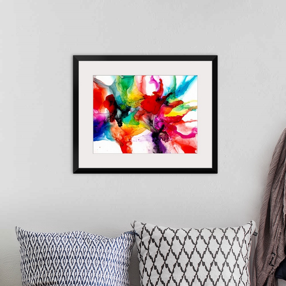 A bohemian room featuring A punchy, bright, jewel-toned abstract created with an alcohol ink technique. Featuring every col...