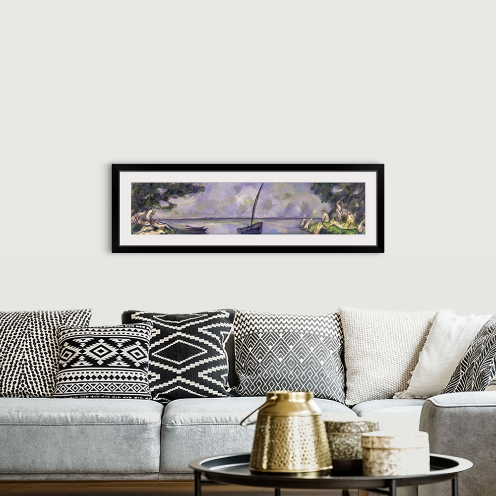 A bohemian room featuring A piece of classic artwork with boats sitting in the water and people sitting on the ground besid...