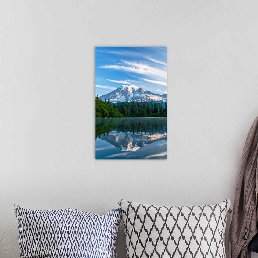 A bohemian room featuring Washington, Mount Rainier At Sunrise Reflecting Into Ben Lake