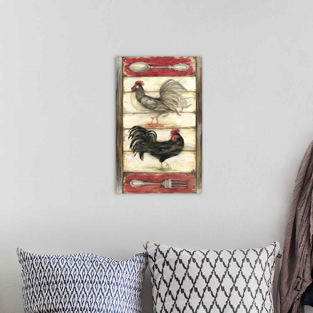 A bohemian room featuring Sophisticated country rooster on wood backdrop with utensil motifs for cutting edge statement.