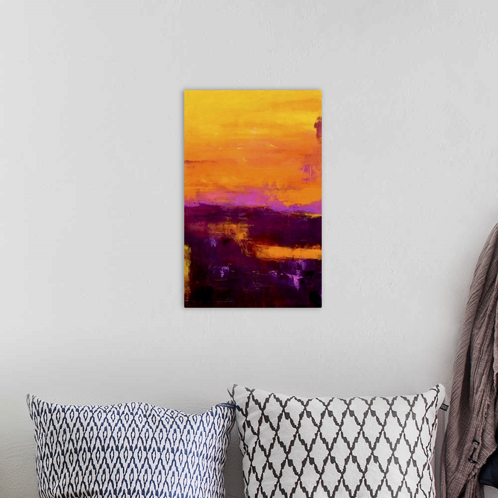 A bohemian room featuring Contemporary color field style painting using vivid colors of sunrise.