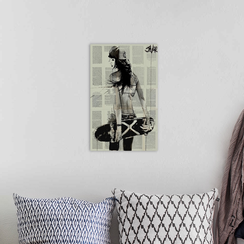 A bohemian room featuring Contemporary urban artwork of a woman holding a skateboard behind her back against a background o...