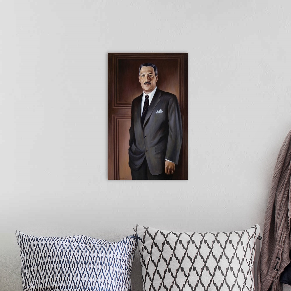 A bohemian room featuring Painting of Thurgood Marshall, the first African American Justice of the Supreme Court.