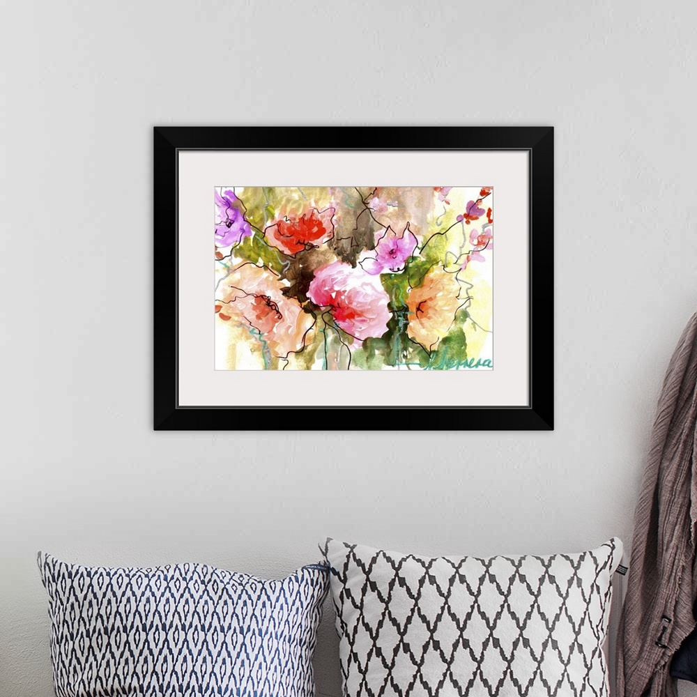 A bohemian room featuring Contemporary watercolor painting of vibrant pink and orange flowers.