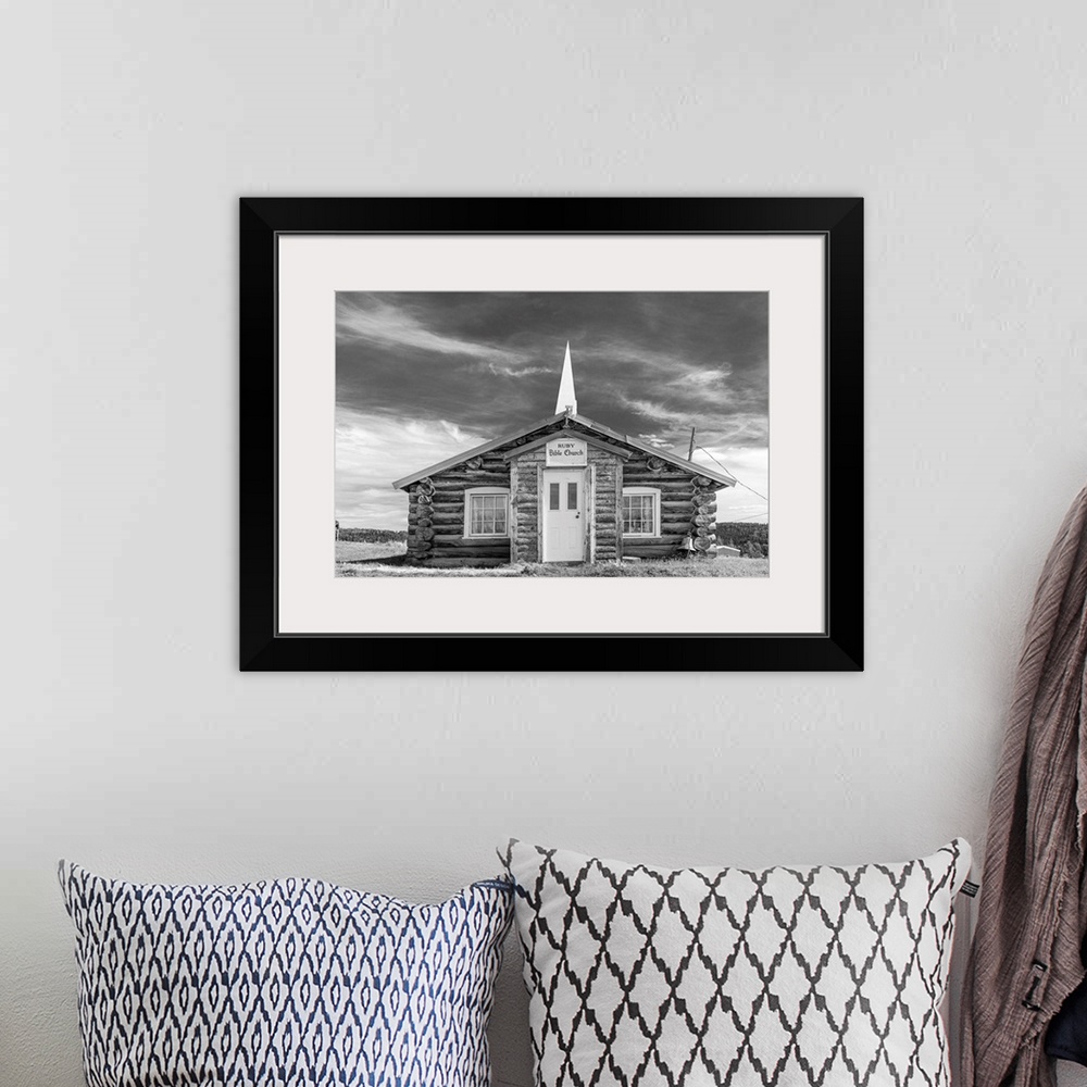 A bohemian room featuring Black and white image of Ruby Bible Church in Interior Alaska, USA, Ruby, Alaska, United States o...
