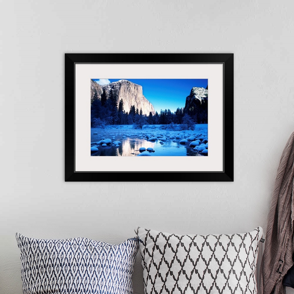 A bohemian room featuring California, Yosemite National Park, Snowy Landscape Of El Capitan And Merced River