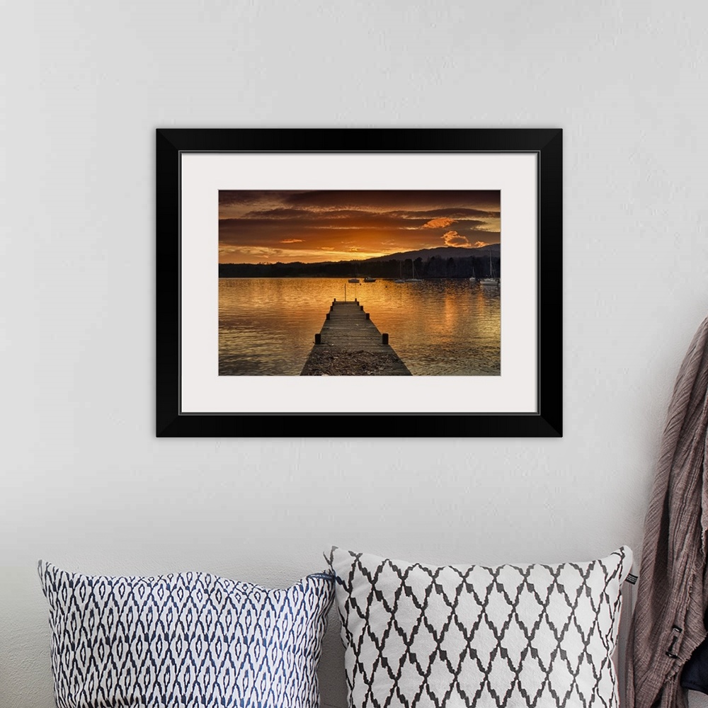 A bohemian room featuring Dock On Lake Windermere At Sunset; Ambleside, Cumbria, England