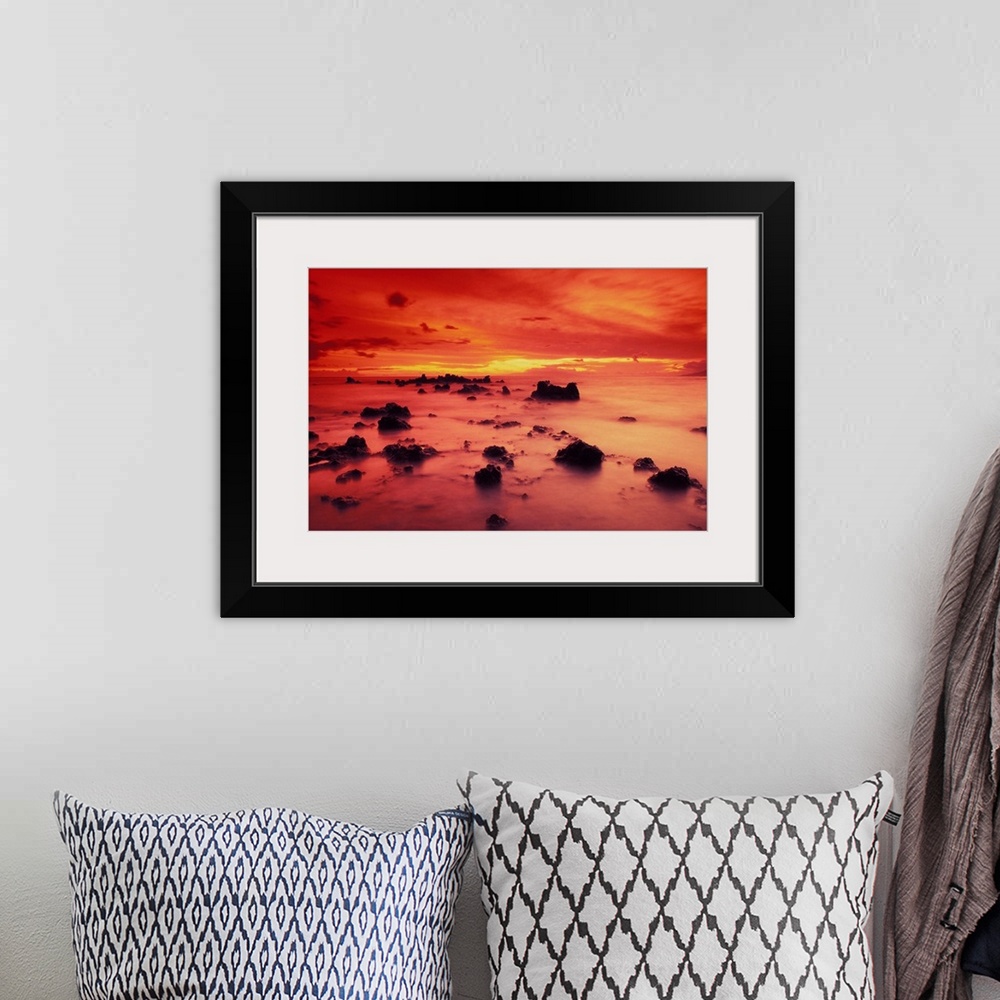 A bohemian room featuring Hawaii, Maui, Lava Rock Beach At Sunset With Dramatic Red Yellow Sky And Shore