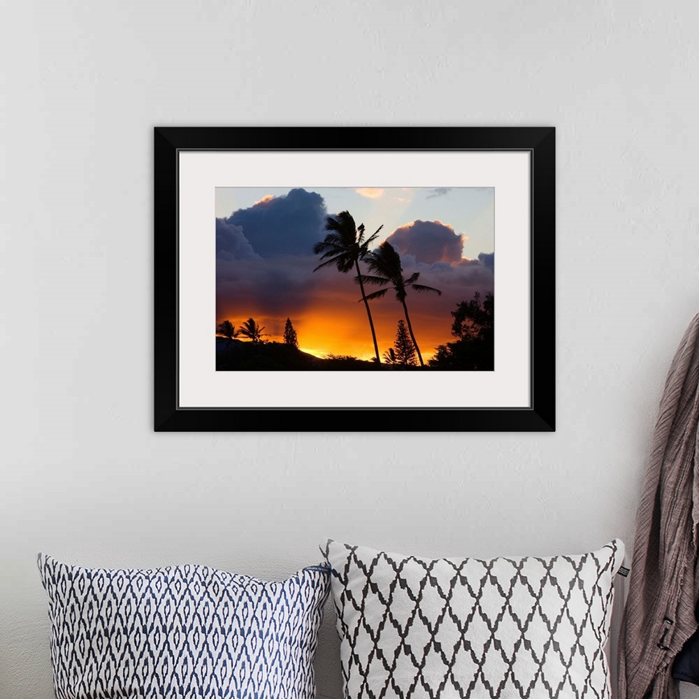 A bohemian room featuring Hawaii, Maui, North Shore, Palm Trees On A Hill, Puffy Clouds And Colorful Sunset