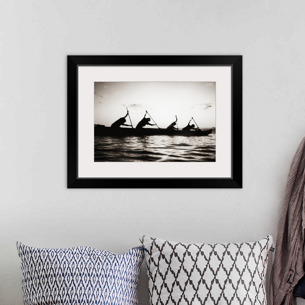 A bohemian room featuring Hawaii, Molokai To Oahu Canoe Race, Paddlers Silhouetted At Sunset (Black And White Photograph).