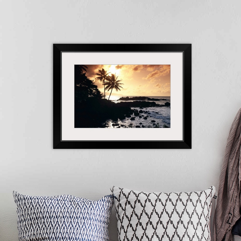 A bohemian room featuring Hawaii, Oahu, North Shore, Rocky Shoreline With Palms Silhouetted At Sunset