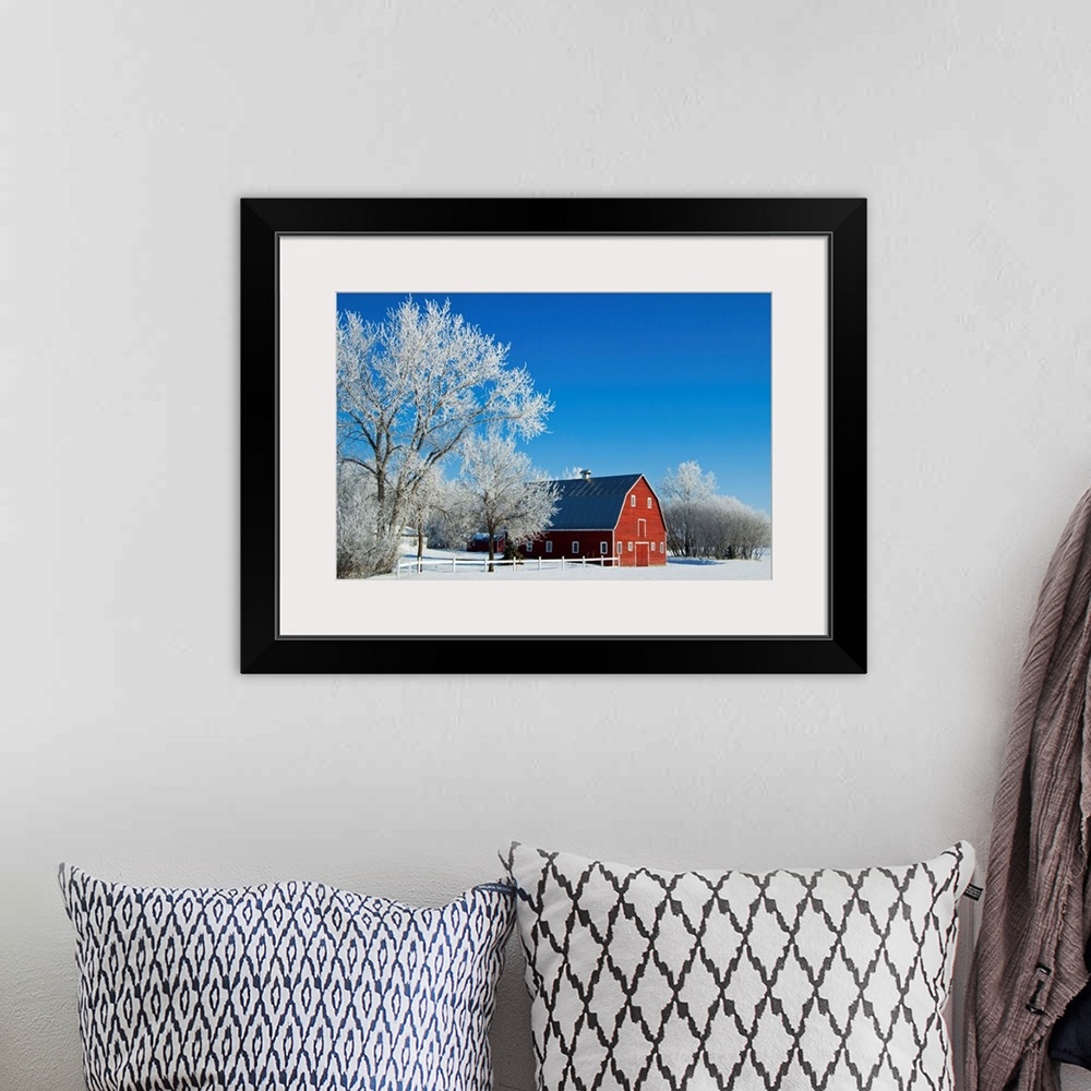 A bohemian room featuring Hoarfrost And Red Barn, Grande Pointe, Manitoba, Canada