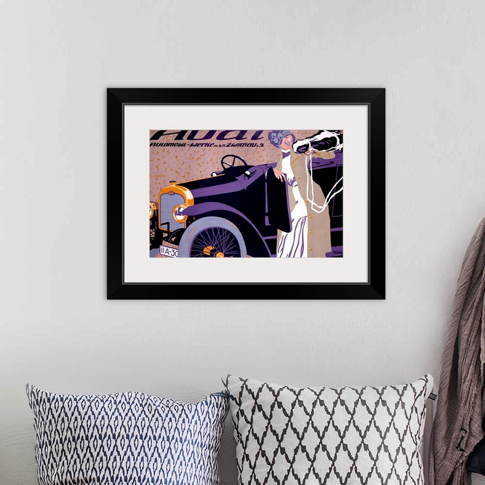 A bohemian room featuring Large, horizontal vintage advertisement for an Audi automobile, of a woman standing next to a car...