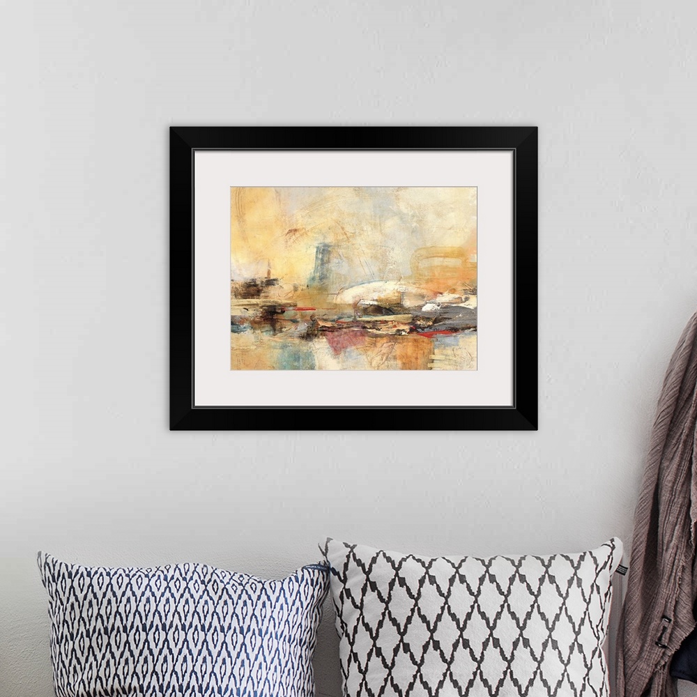 A bohemian room featuring Contemporary abstract art print in earthy shades of orange and grey with heavy brush textures.