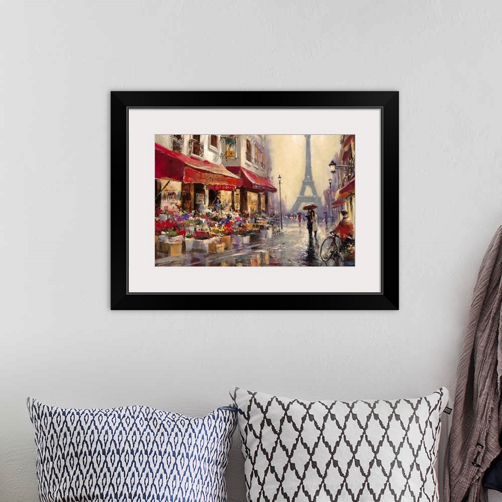 A bohemian room featuring Contemporary painting of a view of the city streets of Paris, with the Eiffel Tower in the backgr...