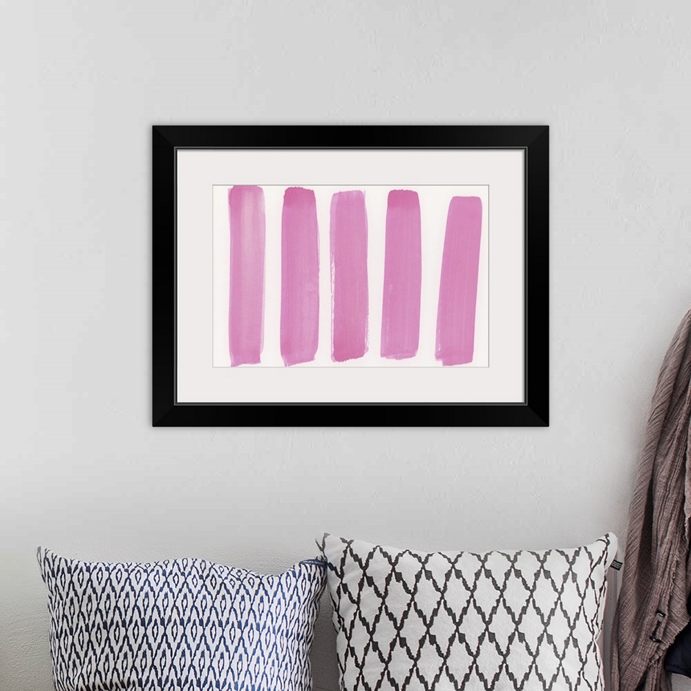 A bohemian room featuring Contemporary abstract painting of long bright pink vertical strokes against a white background.