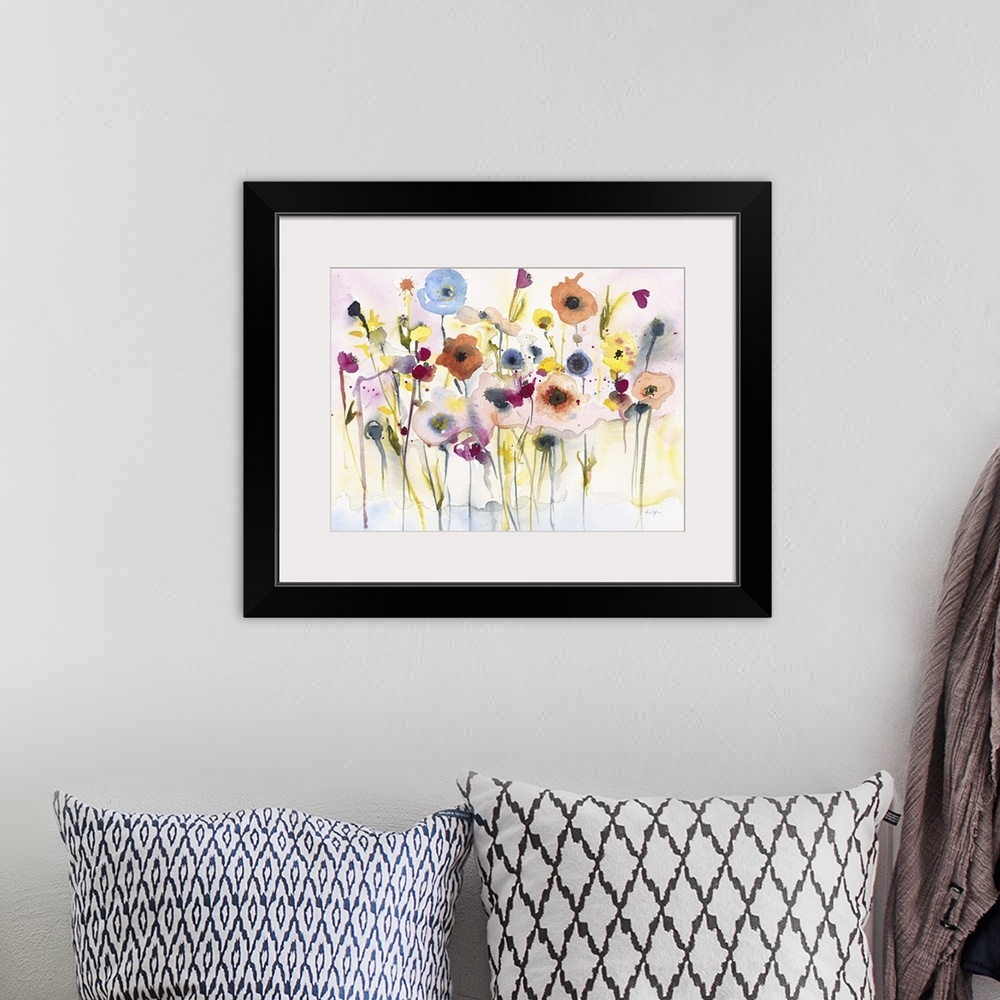 A bohemian room featuring Contemporary watercolor painting of flowers against a white background.