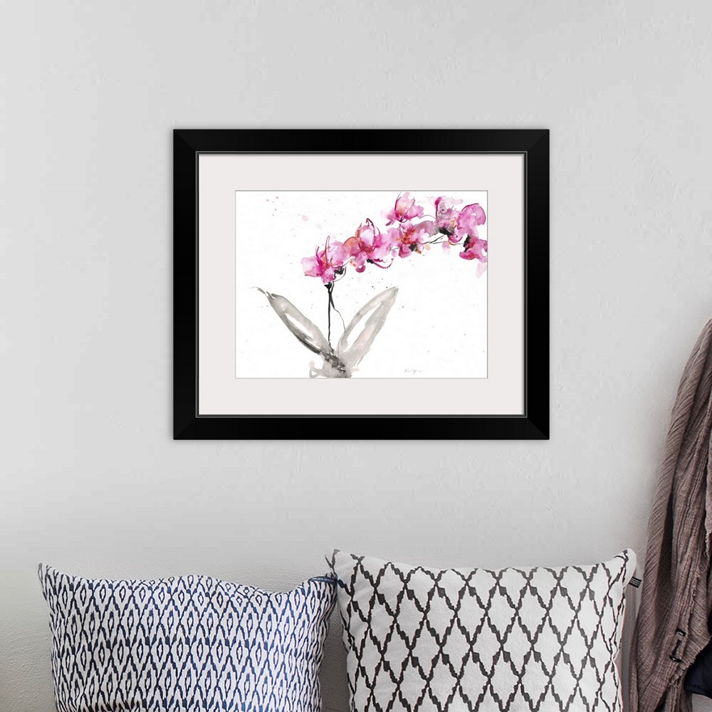 A bohemian room featuring Contemporary artwork of watercolor painted pink orchids.