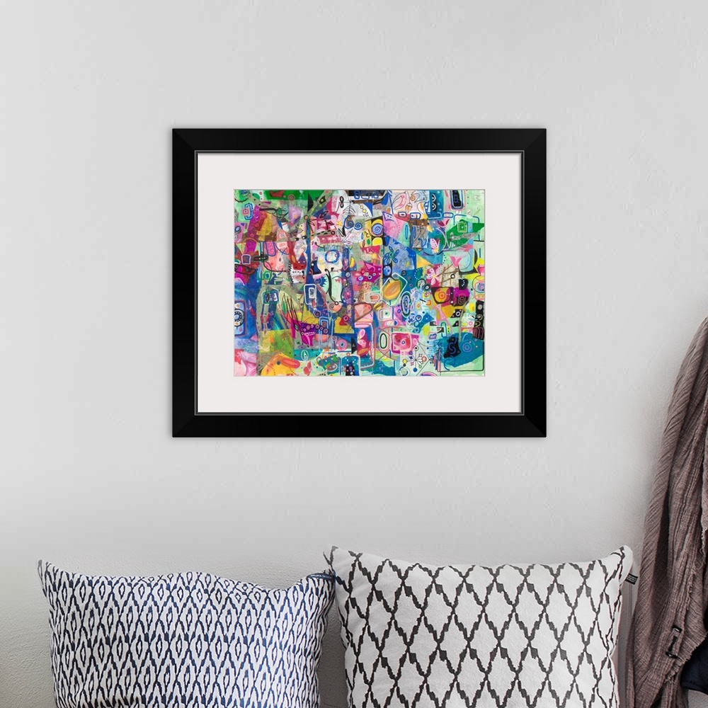 A bohemian room featuring A light, vibrant, contemporary piece of art in a grafitti style in bright pastel colors with elem...