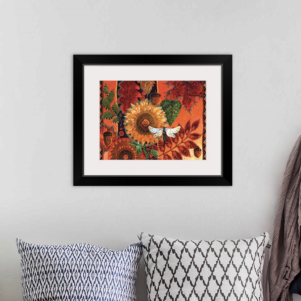 A bohemian room featuring Contemporary artwork of autumn flowers and warm earthy tones.