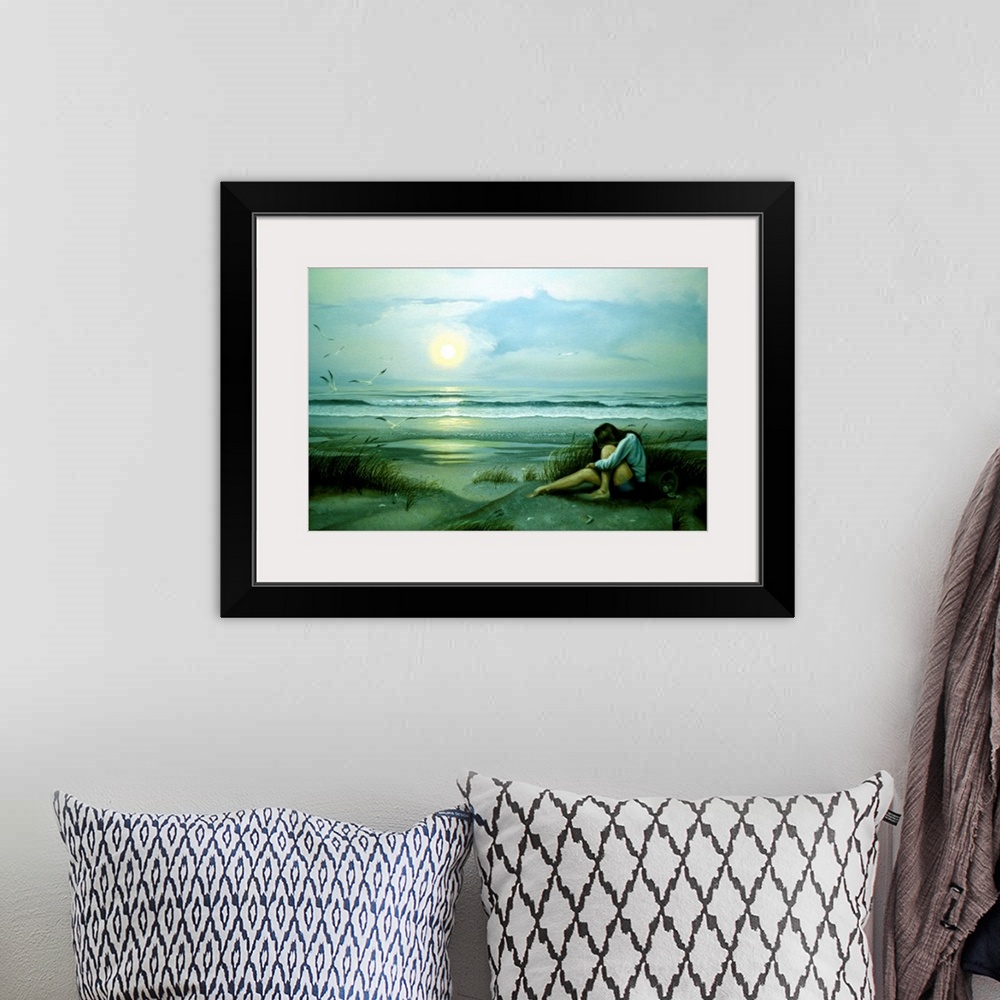 A bohemian room featuring Contemporary painting of a young woman on the beach with a pail full of seashells at dusk.