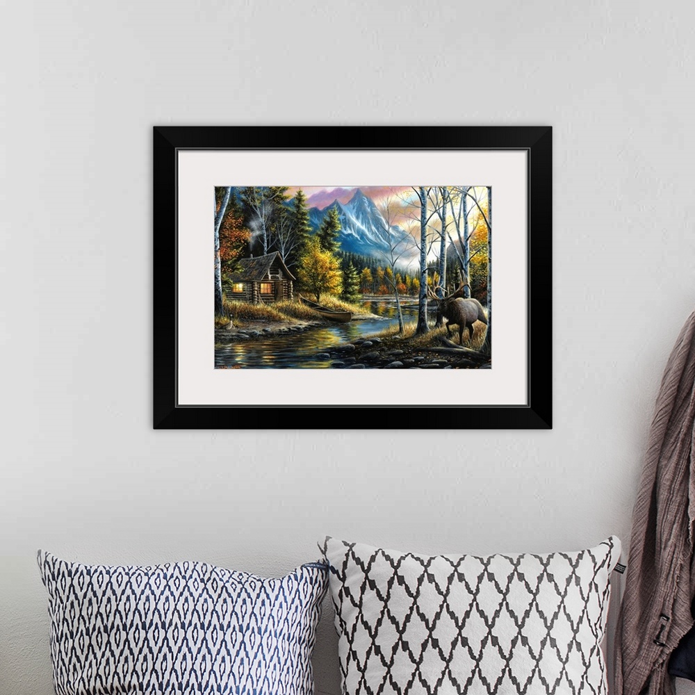 A bohemian room featuring Contemporary landscape painting of a cabin next to a river in the woods with an elk walking by.