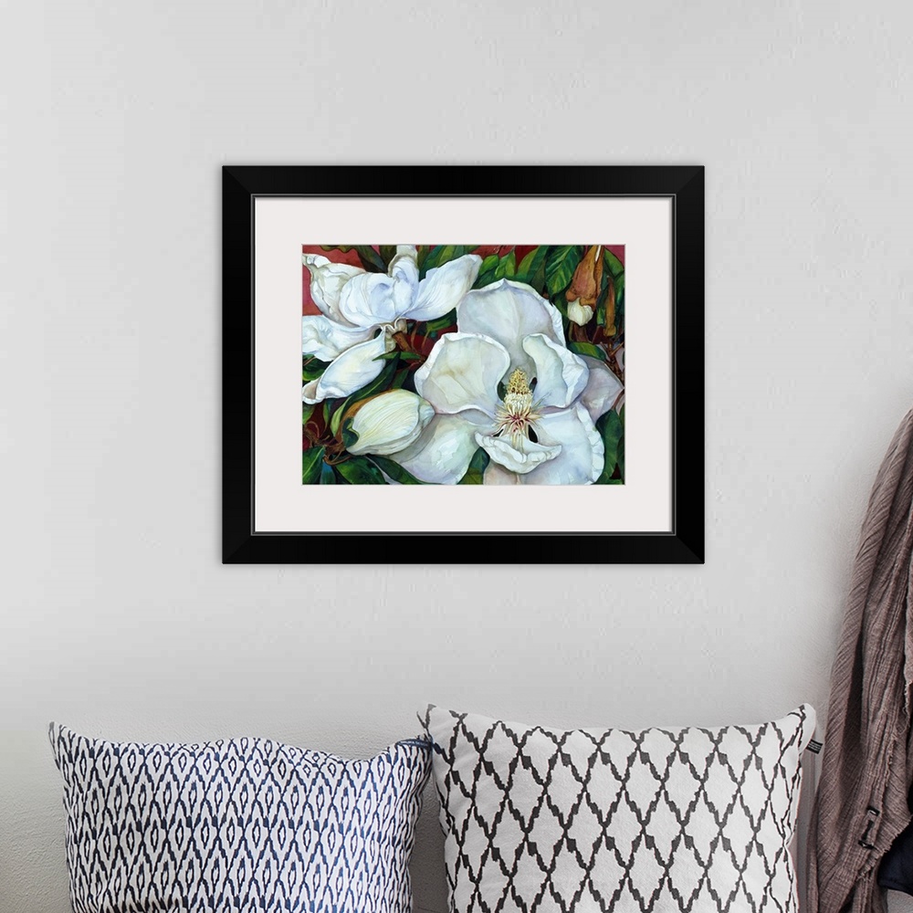 A bohemian room featuring Colorful contemporary painting of white magnolias.