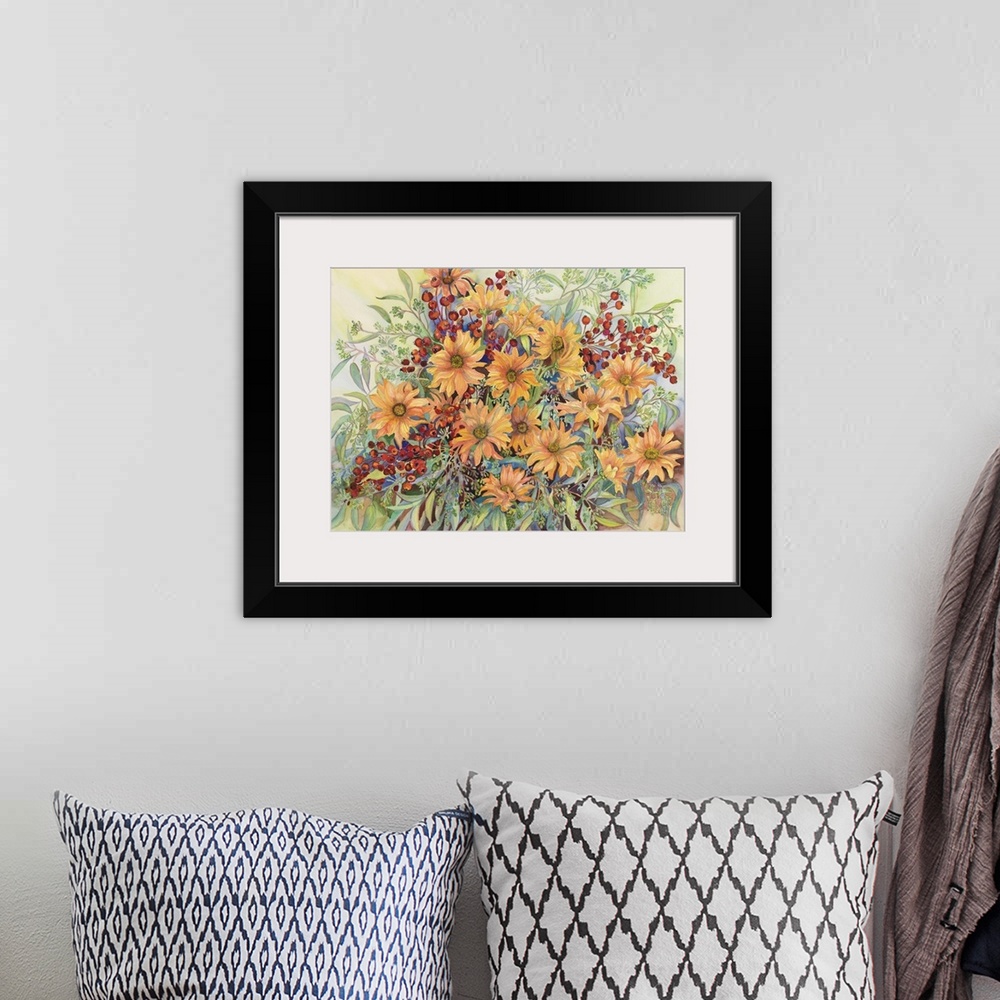 A bohemian room featuring Colorful contemporary painting of autumn flowers.