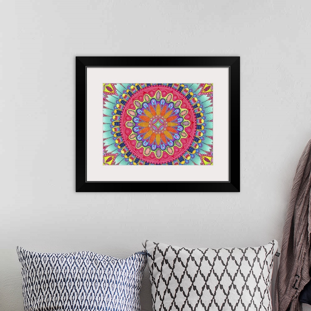 A bohemian room featuring Contemporary abstract artwork using bright vibrant colors and patterns.