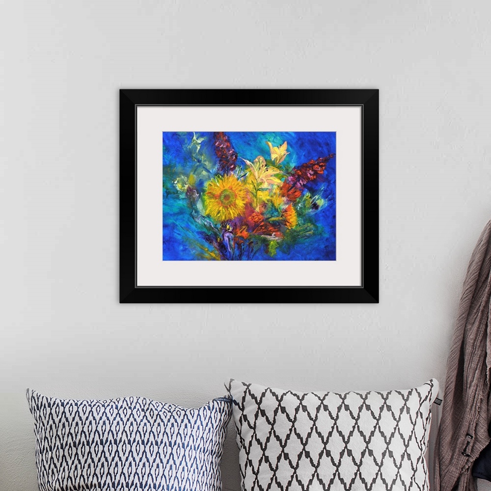 A bohemian room featuring Contemporary painting of a colorful floral abstract.