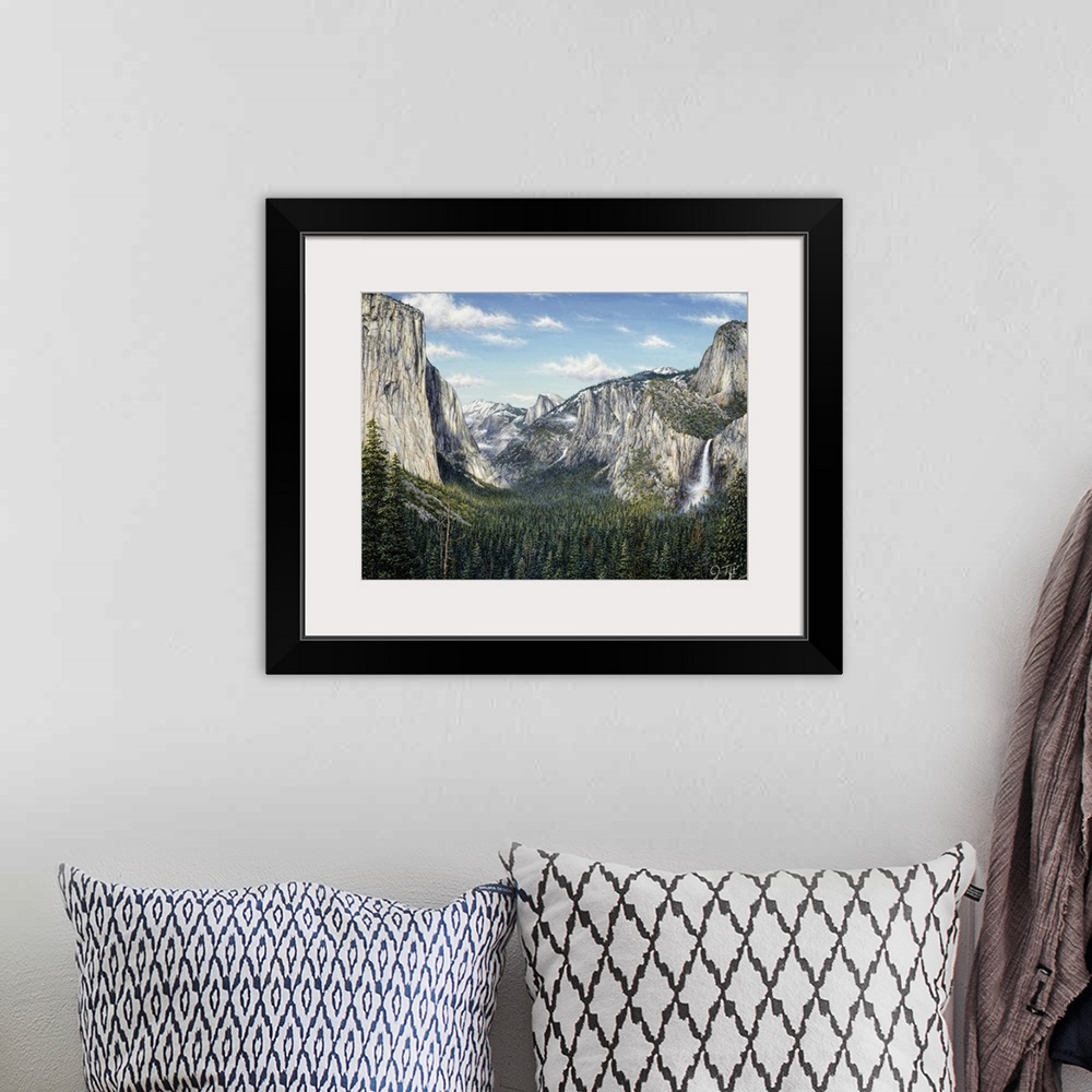 A bohemian room featuring Yosemite Valley- mountains and valley filled with pine trees, a waterfall is coming off the rock ...