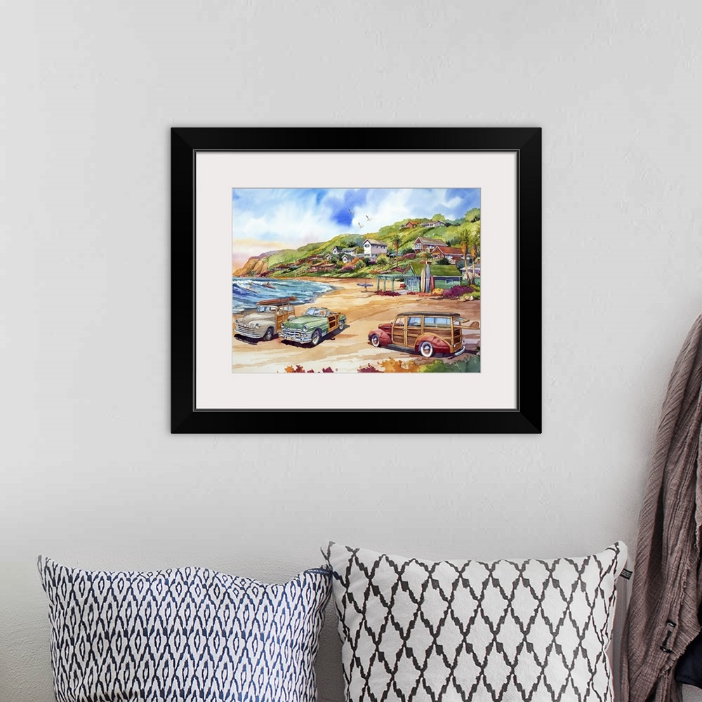 A bohemian room featuring Watercolor of three woodies on the beach in Crystal Cove, Newport Beach.