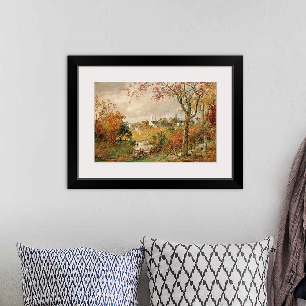 A bohemian room featuring Large, landscape, classic art wall painting of a clearing at the edge of the woods looking toward...