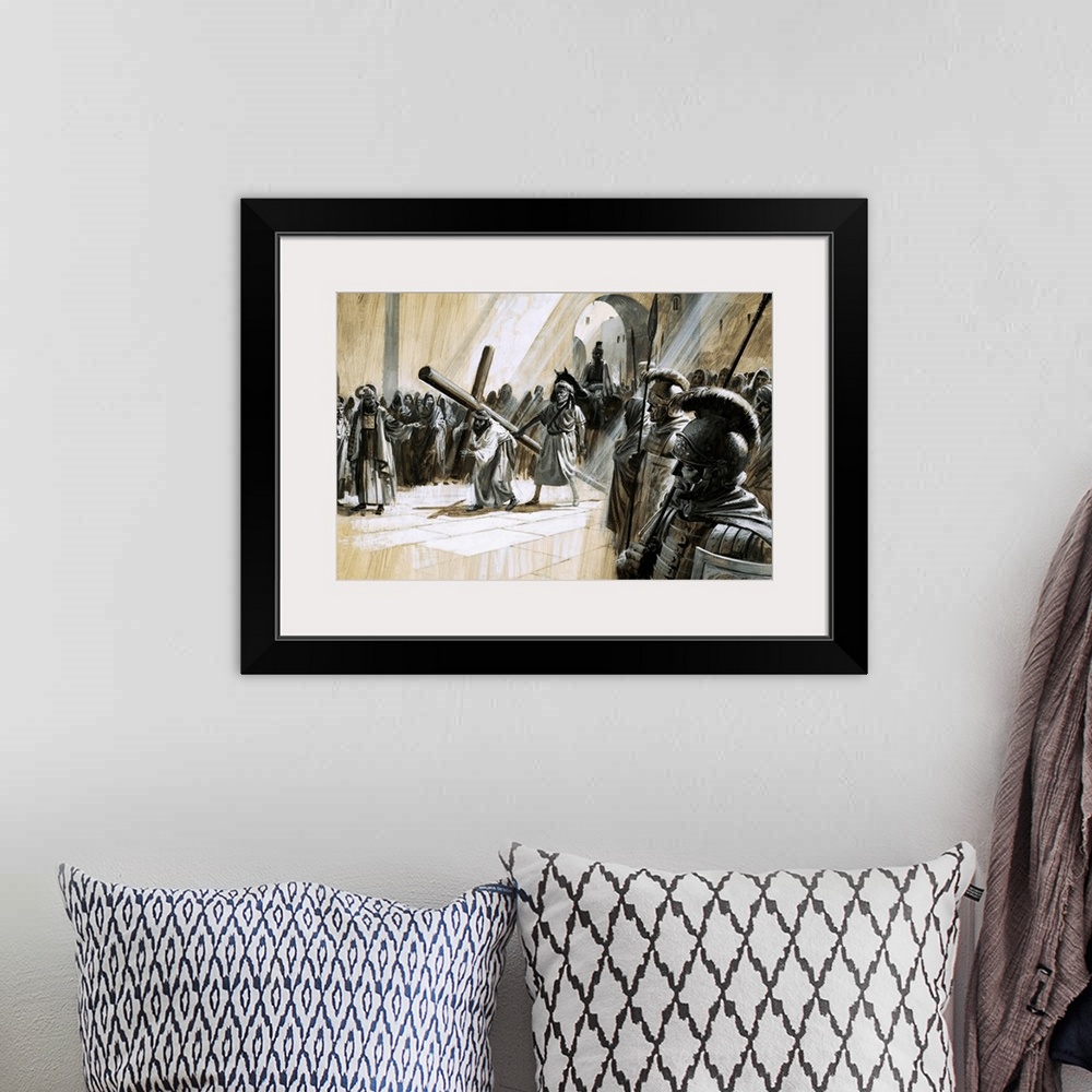 A bohemian room featuring Classic artwork of Christ holding the cross as He is surrounded by soldiers.