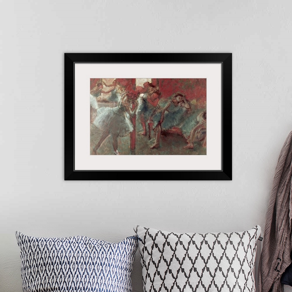 A bohemian room featuring A large classic artwork piece of ballerinas in a dance studio with some practicing while others a...