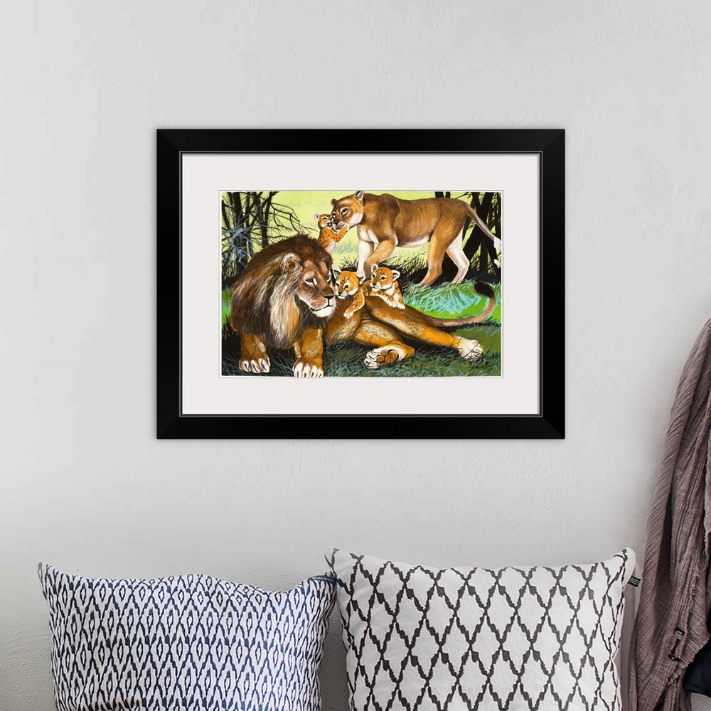 A bohemian room featuring Lion, lioness and cubs. Original artwork.