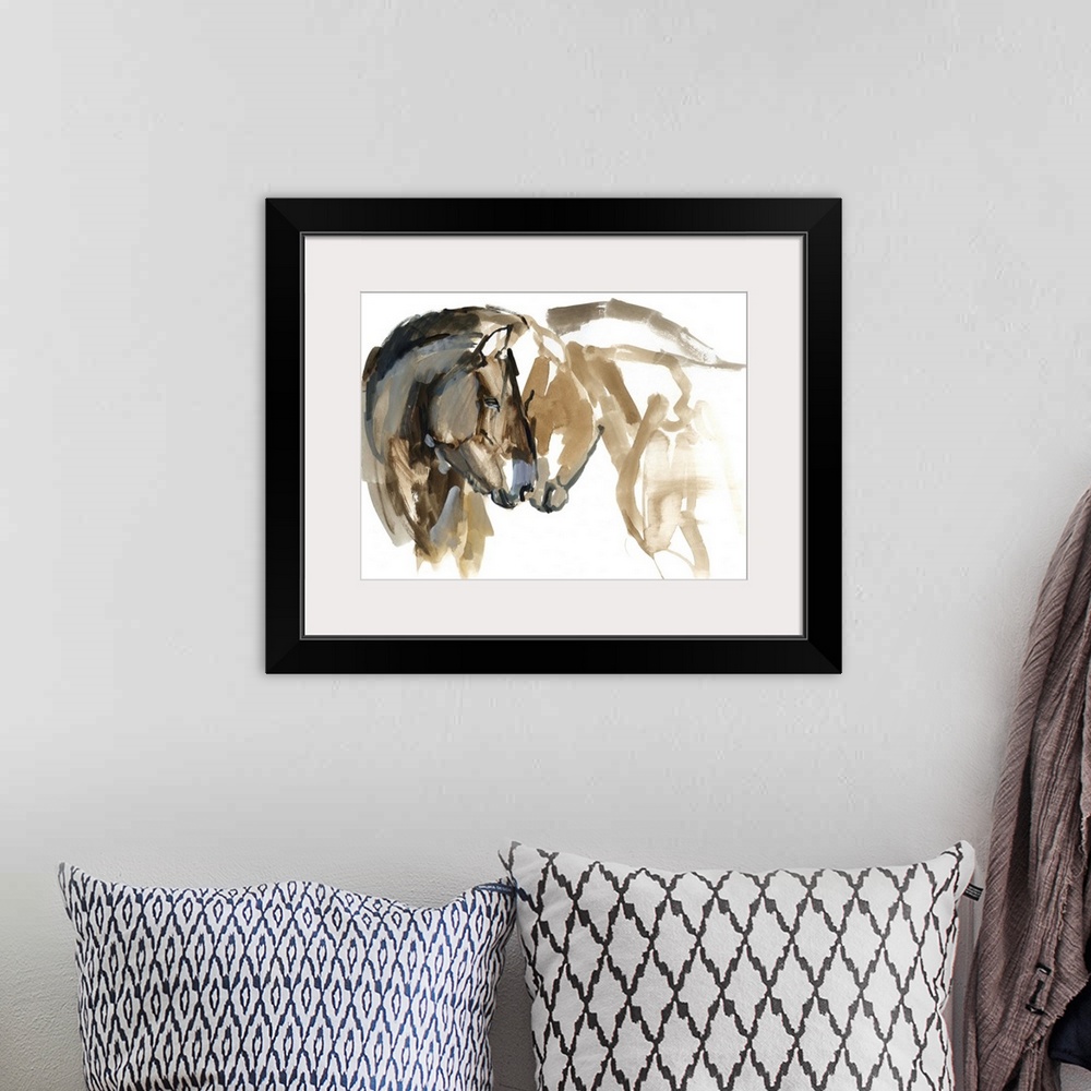 A bohemian room featuring Contemporary artwork of two Mongolian Przewalski horses nuzzling against a white background.
