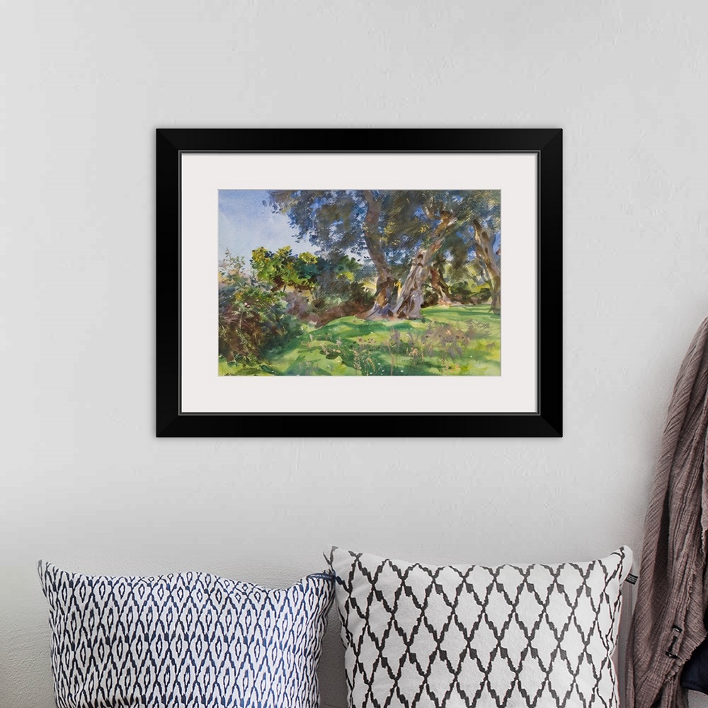 A bohemian room featuring Olive Trees, Corfu, watercolor and opaque watercolor with scraping and wax resist over graphite o...