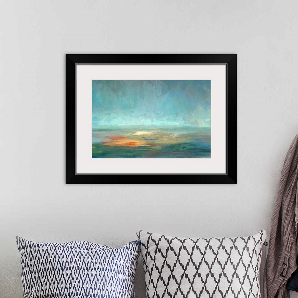 A bohemian room featuring This contemporary artwork features a horizontal landscape with pools of warm orange color popping...