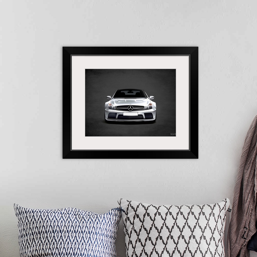 A bohemian room featuring Photograph of a silver Mercedes Benz SL65 printed on a black background with a dark vignette.