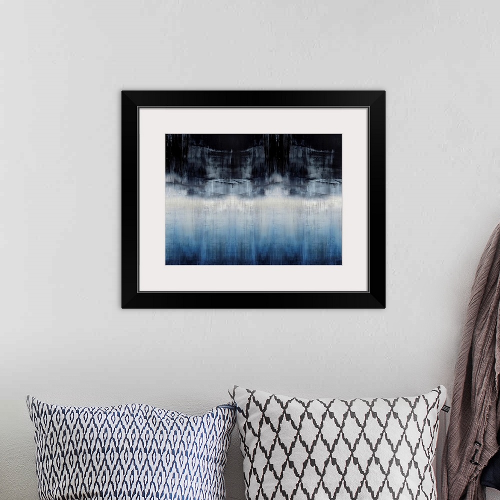 A bohemian room featuring Contemporary abstract artwork of vertical striations in blue, black and off-white.