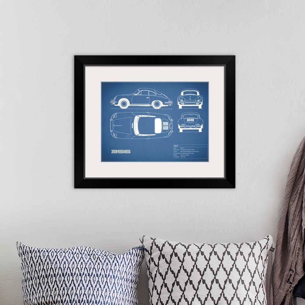 A bohemian room featuring Antique style blueprint diagram of a Porsche 356C printed on a Blue background