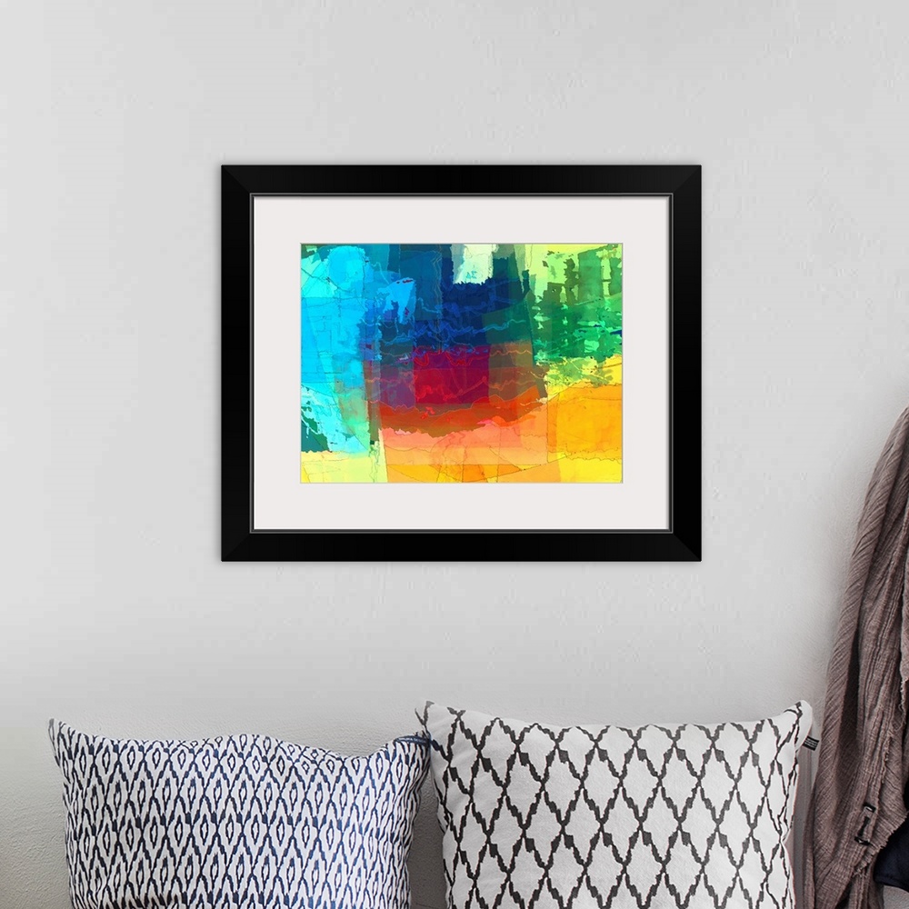 A bohemian room featuring Vibrant abstract art with translucent hues layered on top of each other in different free formed ...