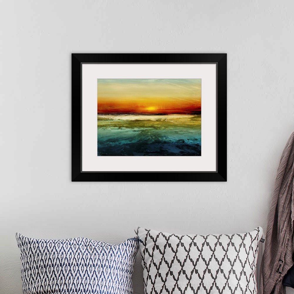 A bohemian room featuring Contemporary abstract artwork features a setting sun on the horizon with a distressed texture thr...
