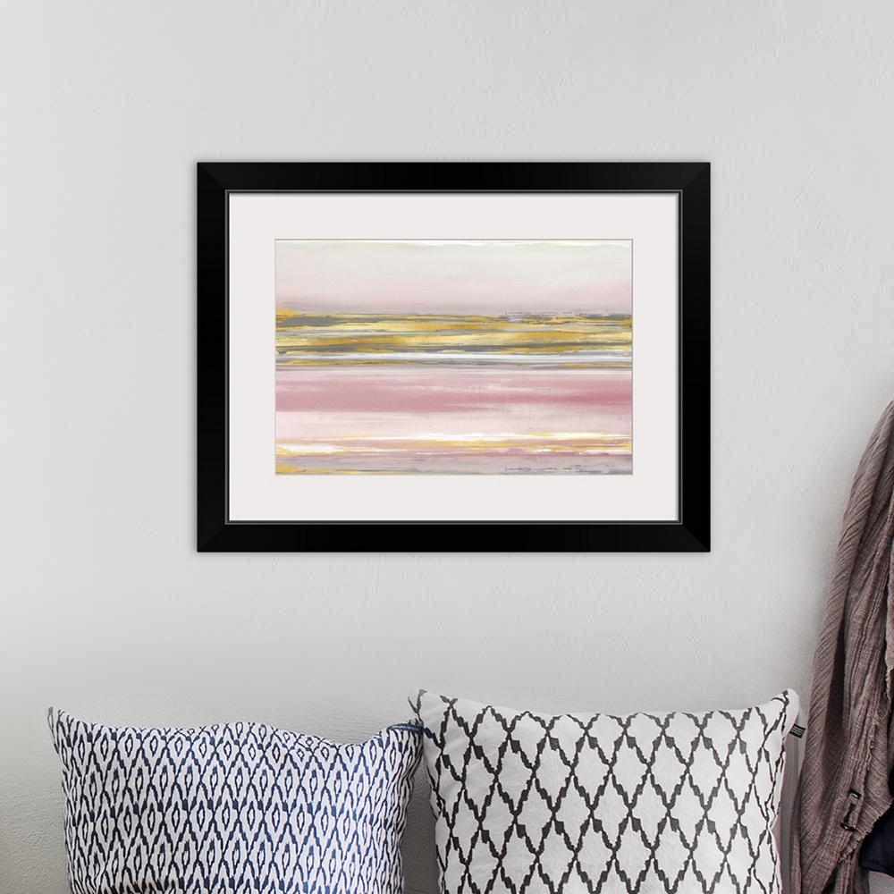A bohemian room featuring Contemporary artwork featuring gold brush strokes on a soft pink background.