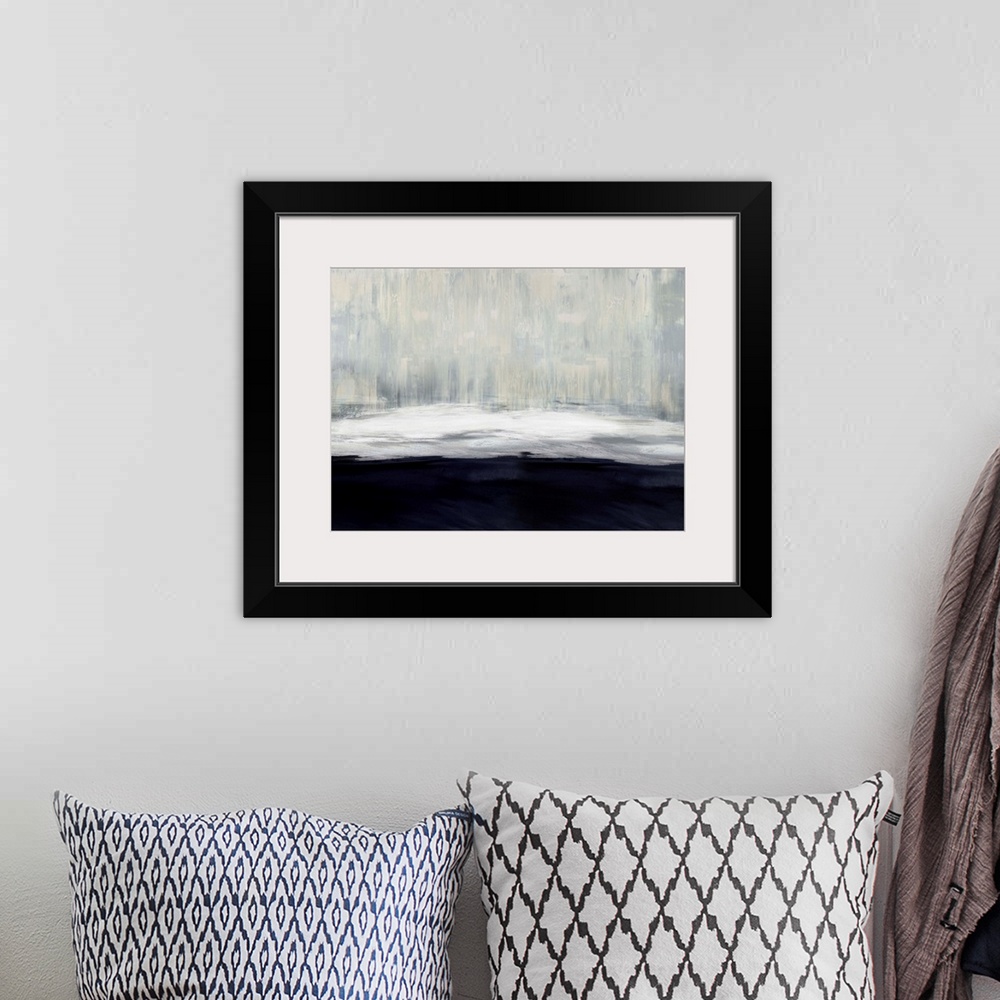 A bohemian room featuring Large abstract painting in gray, white, and navy blue hues.