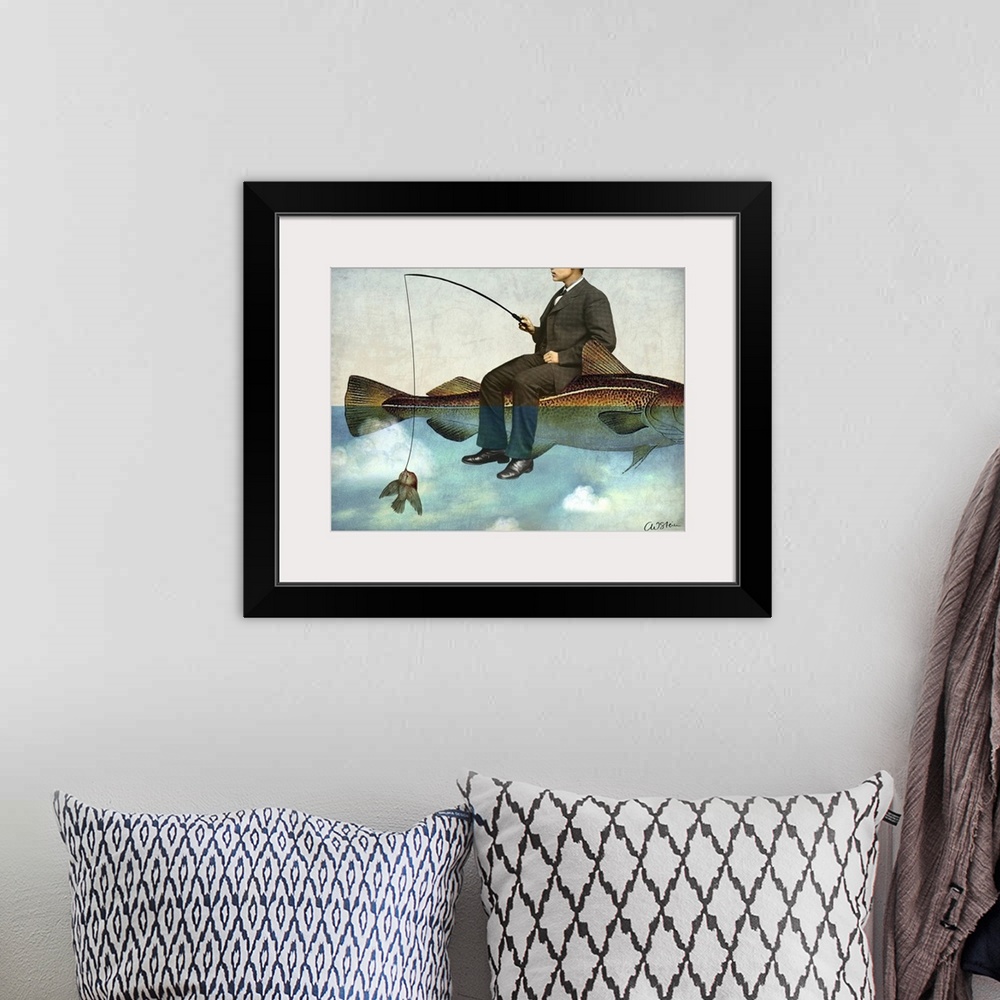 A bohemian room featuring A digital composite of a man sitting on a large fish while fishing for a small bird.