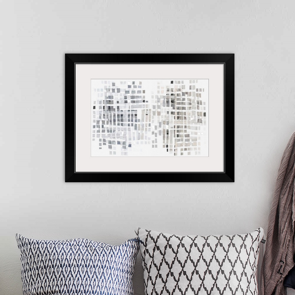 A bohemian room featuring A contemporary abstract piece with a grid of grey and beige squares on a white background
