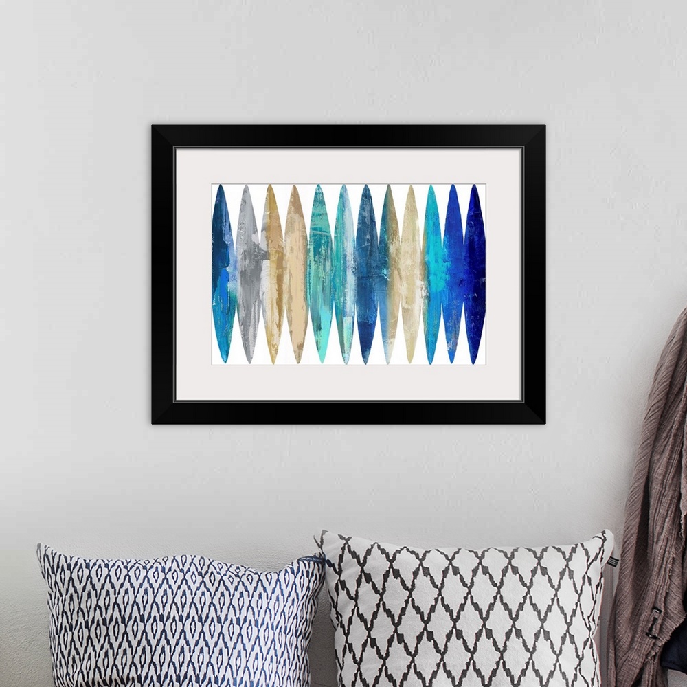 A bohemian room featuring Abstract Surfboards Blue Tan