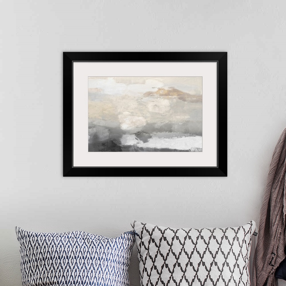 A bohemian room featuring A contemporary abstract painting that resembles a sky with clouds in neutral shades of white, bro...